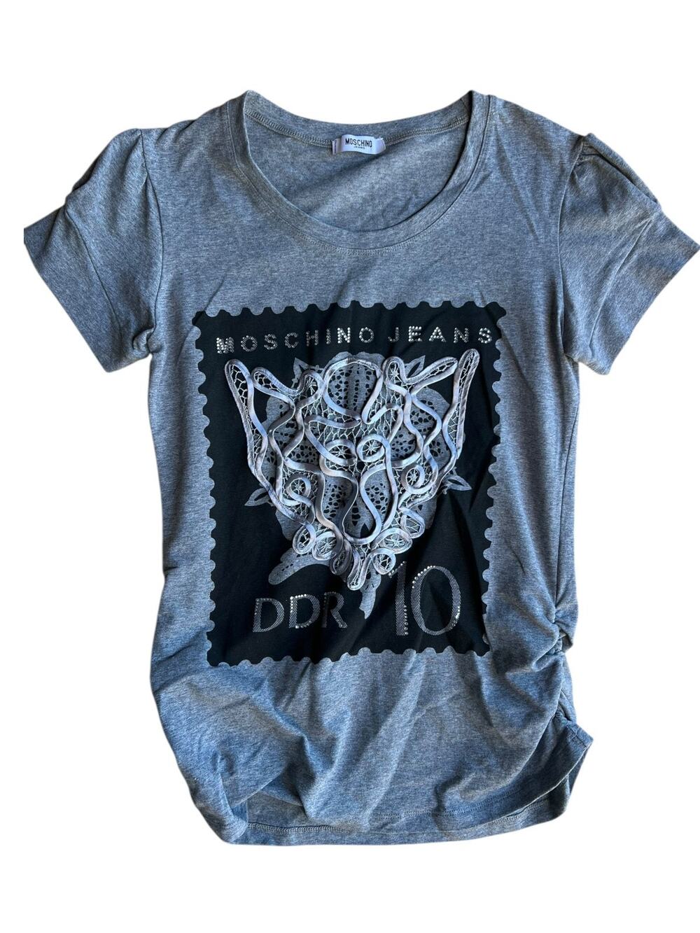 Moschino Women's M 90s Y2k Ruched Sides T-Shirt Stamp Graphic Embellished Gray